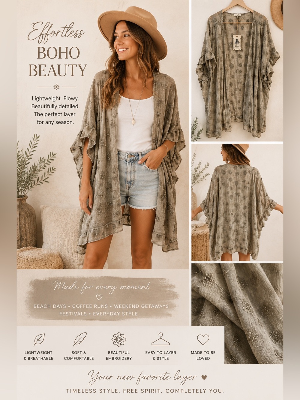 Easel Dusty Olive Embroidered Ruffle Floral Gauze Kimono Duster Large